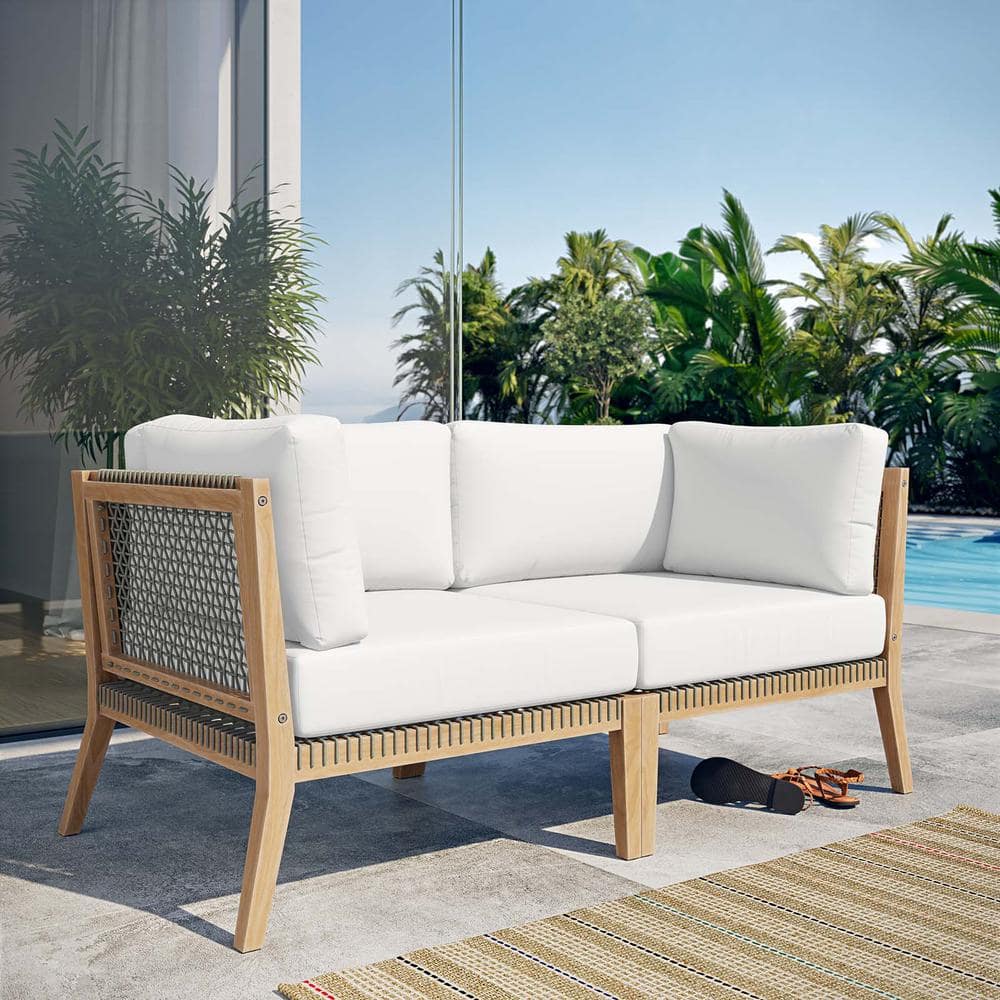 Clearwater Teak Wood Two-Seat Sectional with White Cushions