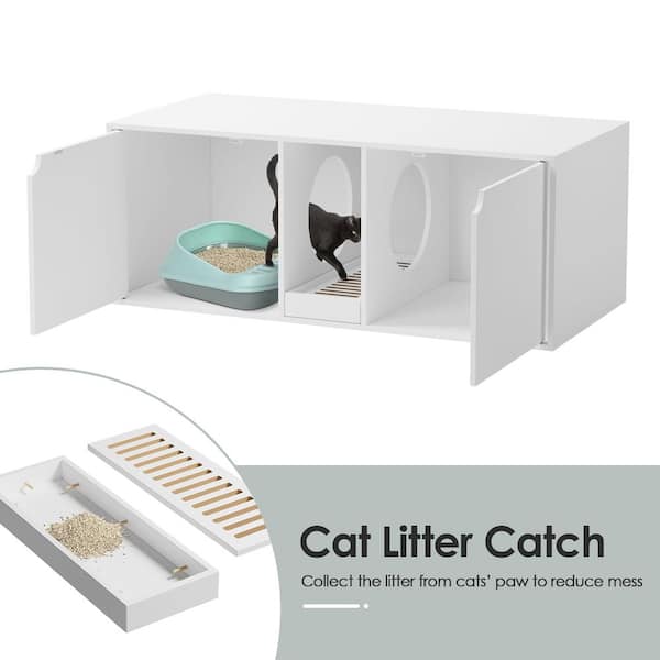 FUFU&GAGA White Wood Side End Table Cat Litter Box with Double 