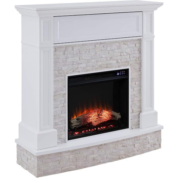 48 in. Freestanding Stone Smart Electric Fireplace TV Stand in White for Modern TV Stand Setups
