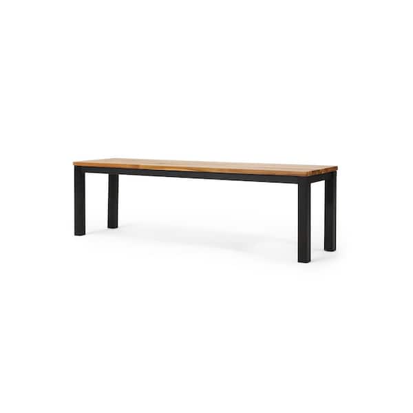 1-PC 63 in. W Teak Modern Acacia Wood Outdoor Bench with Wooden Slat Top & Metal Frame for Yard/Patio/Backyard
