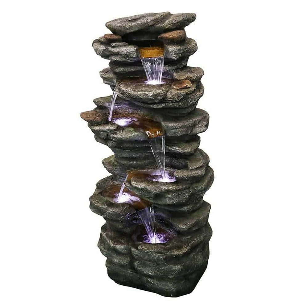 Cesicia 18 in. W Outdoor Resin Fountain with LED Lights in 5-Crock ...