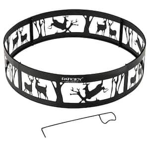 36 in. x 9 in. Round Metal Fire Pit Black Ring Deer with Extra Poker Bonfire Liner for Campfire