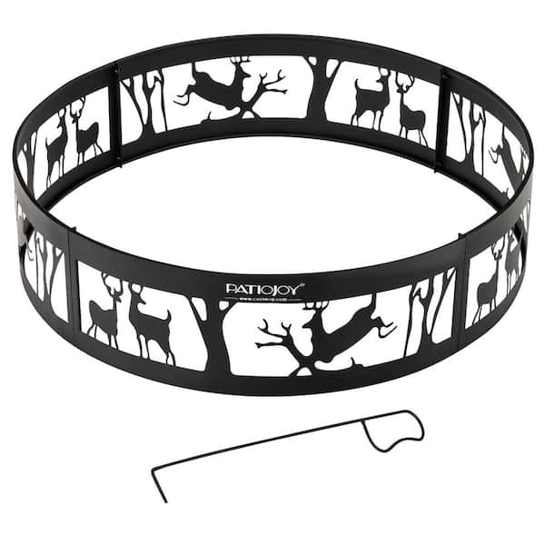 Costway 36 in. x 9 in. Round Metal Fire Pit Black Ring Deer with Extra Poker Bonfire Liner for Campfire