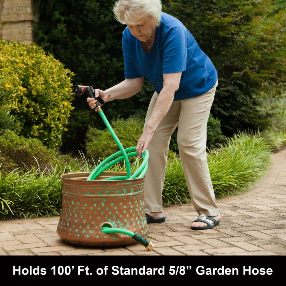 Hand-Hammered Patina Copper Garden Hose Storage Pot