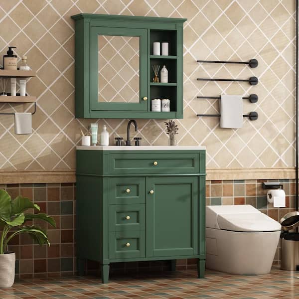 30 in. Single Sink Freestanding 2 Drawers and a Tip-Out Drawer Green Bath Vanity with White Ceramic Top Mirror Cabinet