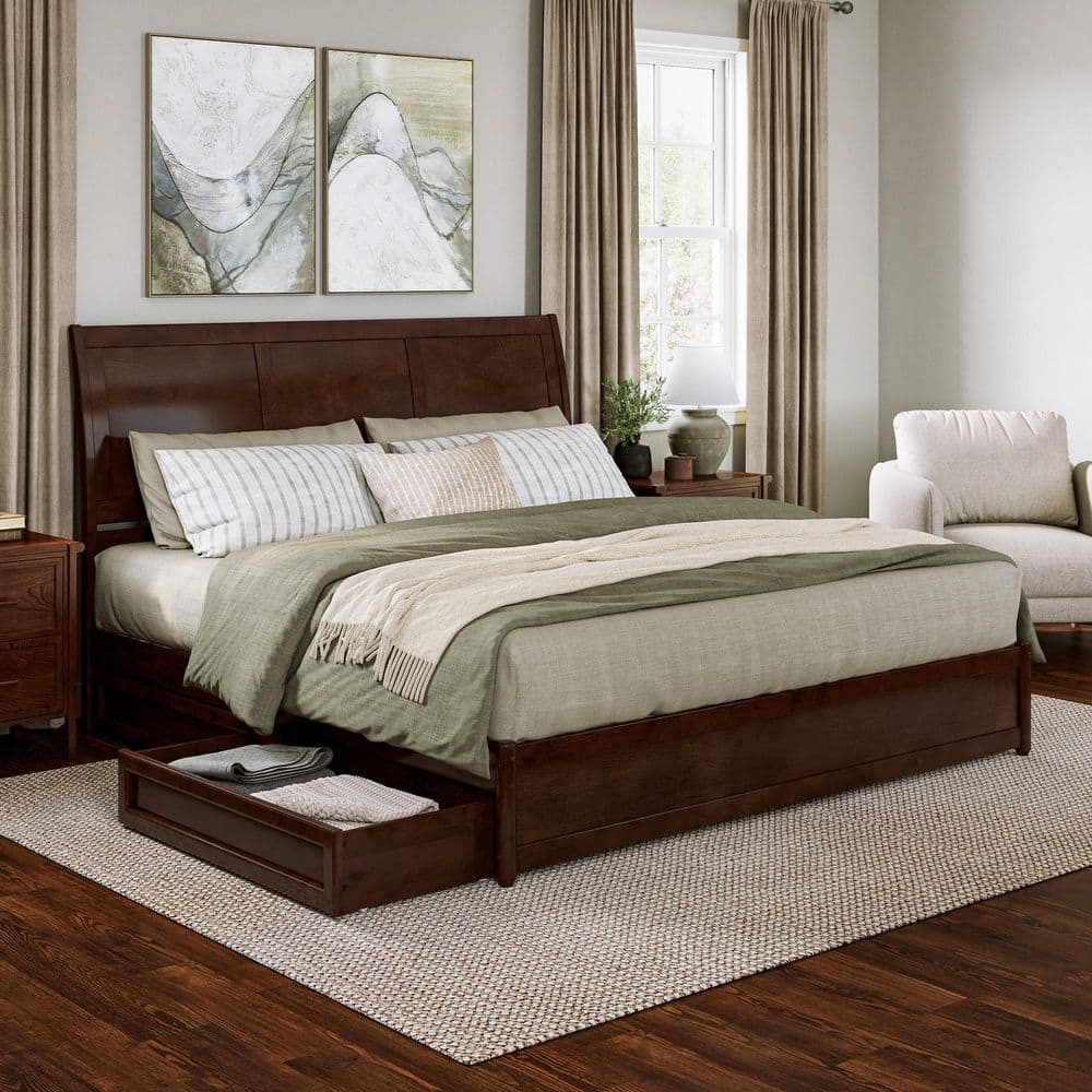 Walnut King Platform Bed with Storage Drawers and Wood Headboard