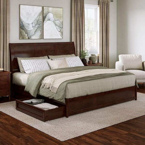 AFI Andorra Walnut Brown Solid Wood Frame King Platform Bed with Panel Footboard and Storage-Drawers
