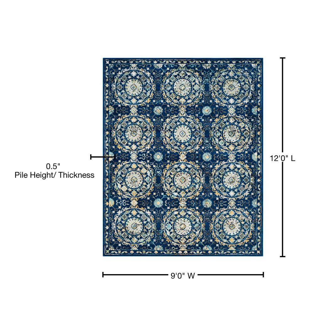 Navy and Ivory Floral Medallion 9' x 12' Area Rug