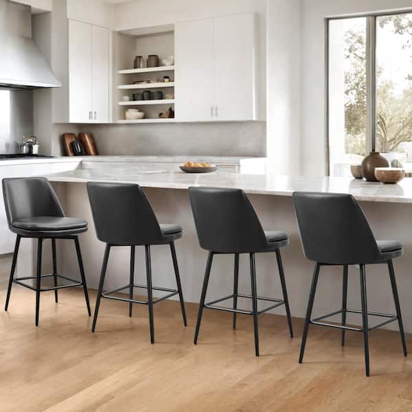 Cecily 27 in. Black High Back Metal Swivel Counter Stool with Faux Leather Seat (Set of 3)