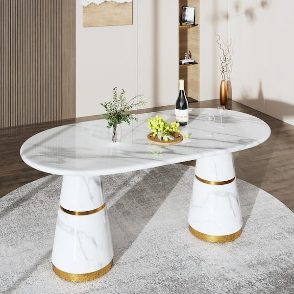 Clihome White Marble Top 70 in. W Conical Base Column Dining Table Seats-6 with Adjustable Foot Nails
