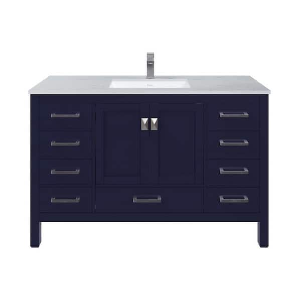 London 54 in. Single Sink Blue Bath Vanity with White Carrara Quartz Top (Assembled)