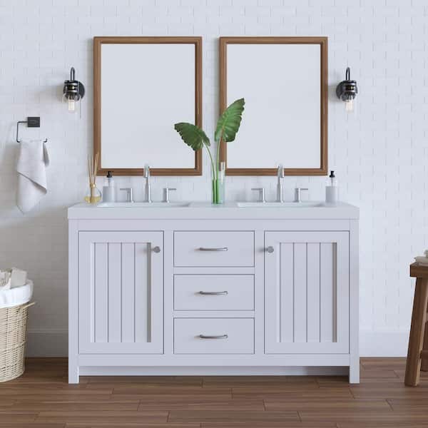Home Decorators Collection Glint 61 in. W x 19 in. D x 36 in. H Double Sink Freestanding Bath Vanity in White with White Cultured Marble Top