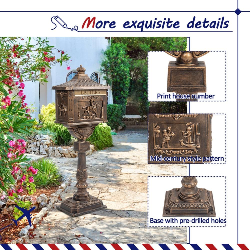 Bronze Lockable Cast Aluminum Outdoor Mailbox with Pedestal