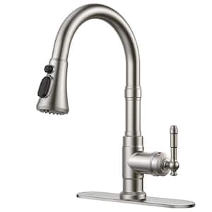 Single Handle Pull Down Sprayer Kitchen Faucet High Arc Spout with 360° Swivel in Brushed Nickel