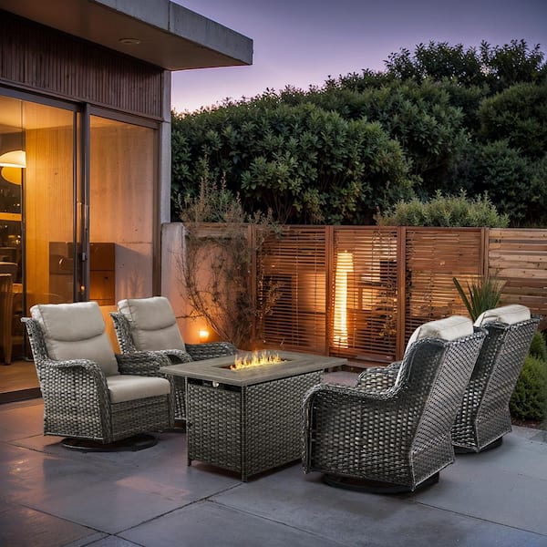 Pocassy Quanxer Gray 5-Piece Wicker Patio Rectangle Fire Pit Conversation Set with Beige Cushions and Swivel Chairs