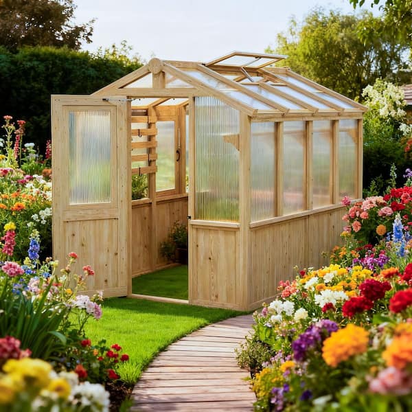 6.8 x 7.8 ft. Wooden Polycarbonate Greenhouse with Ventilated Window, Walk-in Greenhouse for Backyard Garden
