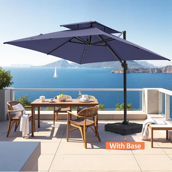 Pellebant 10 ft. Square Dual-Top Aluminum 360° Rotation Offset Outdoor Cantilever Patio Umbrella in Navy Blue with 8-Wheel Base