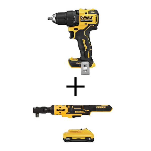 DEWALT ATOMIC 20V MAX Cordless Brushless Compact 1/2 in. Drill/Driver, 20V 1/2 in. Ratchet, and 20V Compact 4.0Ah Battery