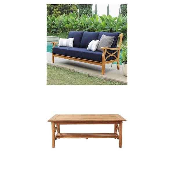 Kinsley Natural Teak Wood Outdoor Coffee Table and Teak Outdoor Couch with Navy Cushion Combo