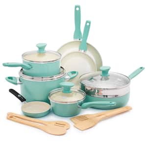 Rio Healthy Ceramic Nonstick 16 Piece Cookware Pots and Pans Set in Turquoise