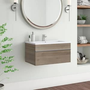 Trough 30 in. W x 16 in. D x 15 in. H Single Sink Wall Bathroom Vanity in Organic with Cultured Marble Top in White