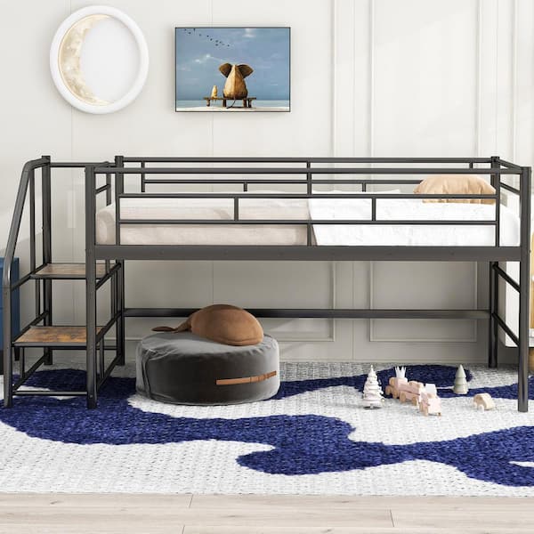 Black Twin Size Wood Loft Bed with Storage stairs