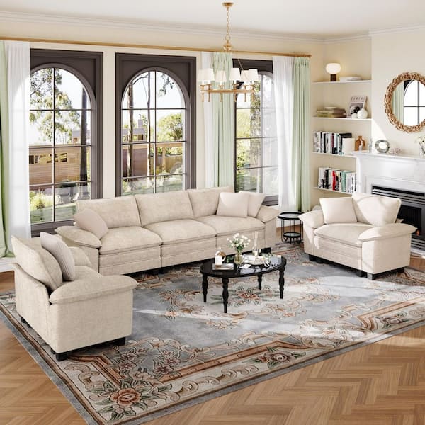 123.6 in. Flared Arm 5-Seat Chenille Modular Sectional Sofa in. Beige with Throw Pillows for Living Room