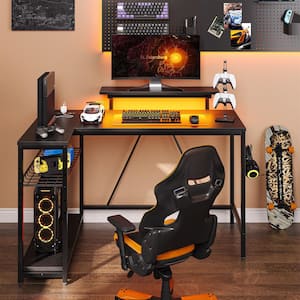 48 in. L-Shaped Black Carbon Fiber LED Gaming Desk with Storage Shelf and Power Outlets