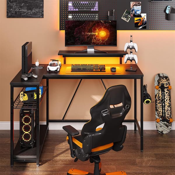 Bestier 48 in. L-Shaped Black Carbon Fiber LED Gaming Desk with Storage Shelf and Power Outlets