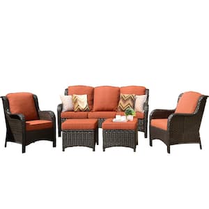New Kenard Brown 5-Piece Wicker Outdoor Patio Conversation Seating Set with Orange Cushions