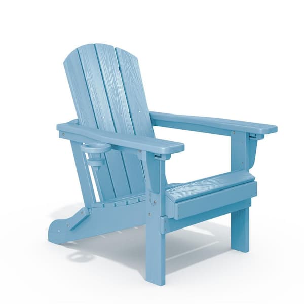 JEAREY Weather Resistant Plastic HDPE Outdoor Patio Folding Adjustable Adirondack Chair with Cup Holder in Light Blue