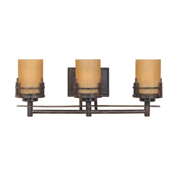 Mission Ridge 23.5 in. 3-Light Warm mahogany Mission Vanity Light with Goldenrod Glass Shades
