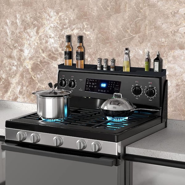 30 Inch Black Stove Top Shelf, Silicone Magnetic Shelf for Stove, 3 Functional Partitions Kitchen Spice Rack Organizer