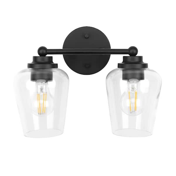 Cinkeda 13 in. W 2-Light Matte Black Mid-Century Modern Indoor Vanity Light with Clear Glass Shade