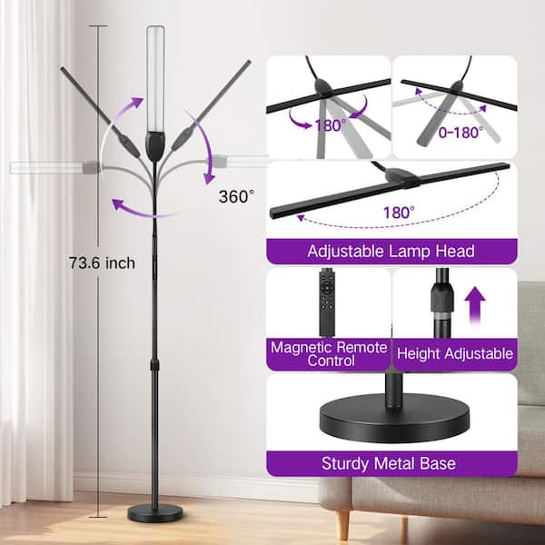 73.5 in. Black Standard LED Floor Lamp with Dual Head, Adjustable Height, Color Temperatures for Living Room