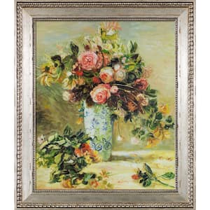 26 in. x 30 in. "Roses and Jasmine in a Delft Vase with Versailles Silver King" by Pierre-Auguste Renoir Framed OilPaint