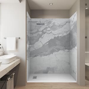 Italian Ice 32 in. x 60 in. x 84 in. Solid Composite Stone Alcove Shower Kit with Walls and White Pan Base L/R Drain