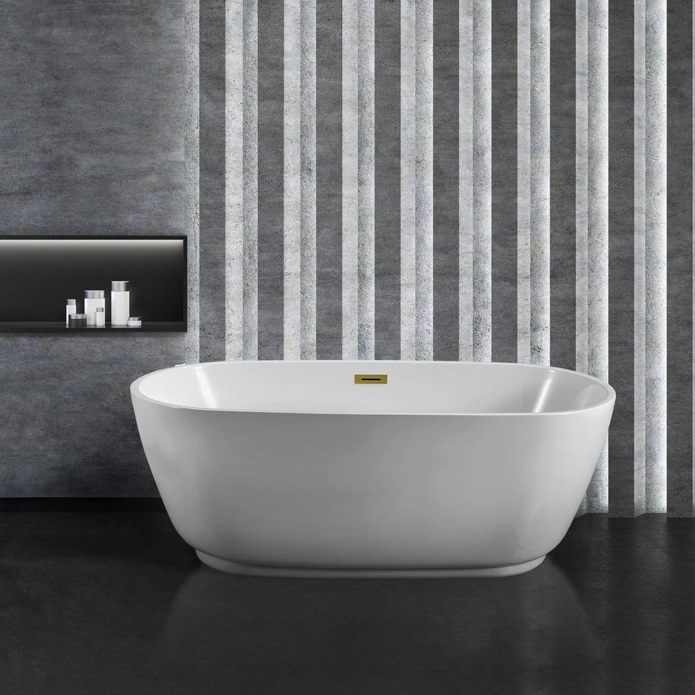 59" Glossy White Acrylic Freestanding Soaking Bathtub with Polished Gold Drain