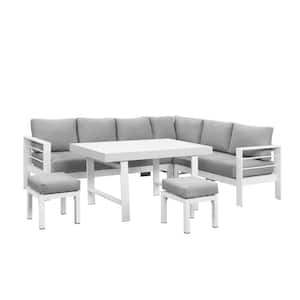 6-Piece, Aluminum Rectangle 26.4 in. Outdoor Dining Set White of Hout Door Bistro Set with Light Grey Cushions