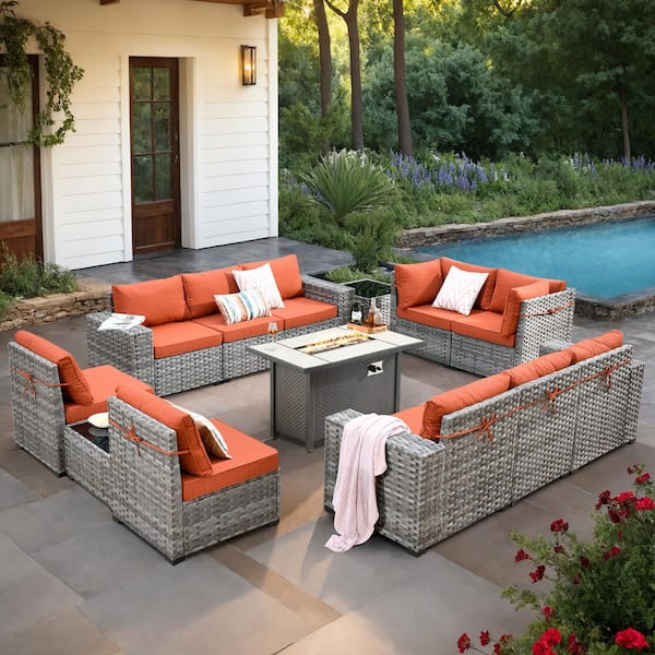Beatrice 13-Piece Wicker Patio Rectangle Fire Pit Conversation Set with Orange Red Cushions