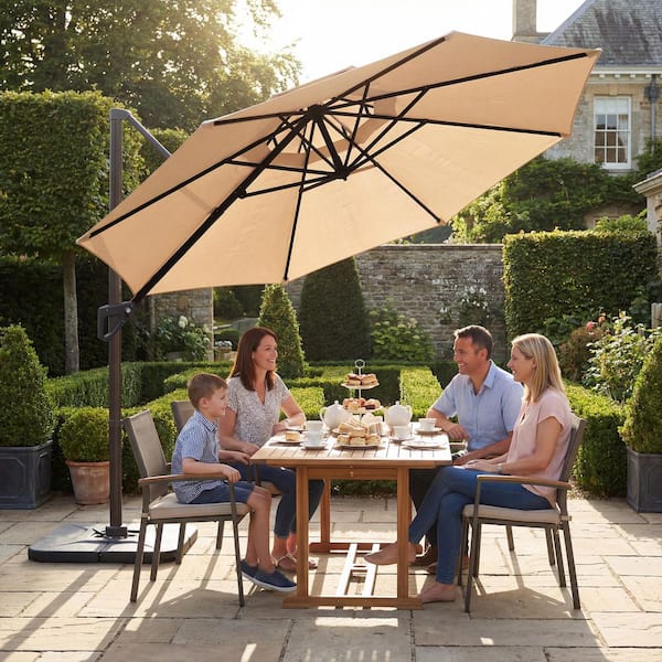 10 foot diameter circular wood patio umbrella JEAREY 10 ft. Round Patio Cantilever Umbrella With Cover in Beige
