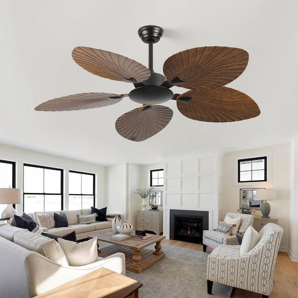 52 in. Brown Retro 5-Palm Leaf Shaped Blades Tropical Downrod Mount Standard Ceiling Fan with Remote Control No Light