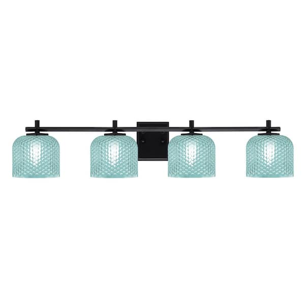 Unbranded Bridgewater 37.25 in. 4 Light Vanity Light Matte Black with 6 in. Turquoise Textured Glass Shades, No Bulbs Included