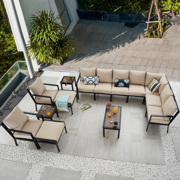 Patio Festival 14-Piece Metal Patio Conversation Set, Beige Cushions