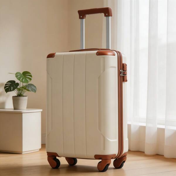 LIVACA 1-Piece White and Brown Hardshell ABS Plastic Carry-On