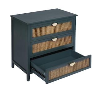 31.5 in. W x 14.97 in. D x 30.32 in. H Green Linen Cabinet with 3 Rattan Drawers for Bedroom