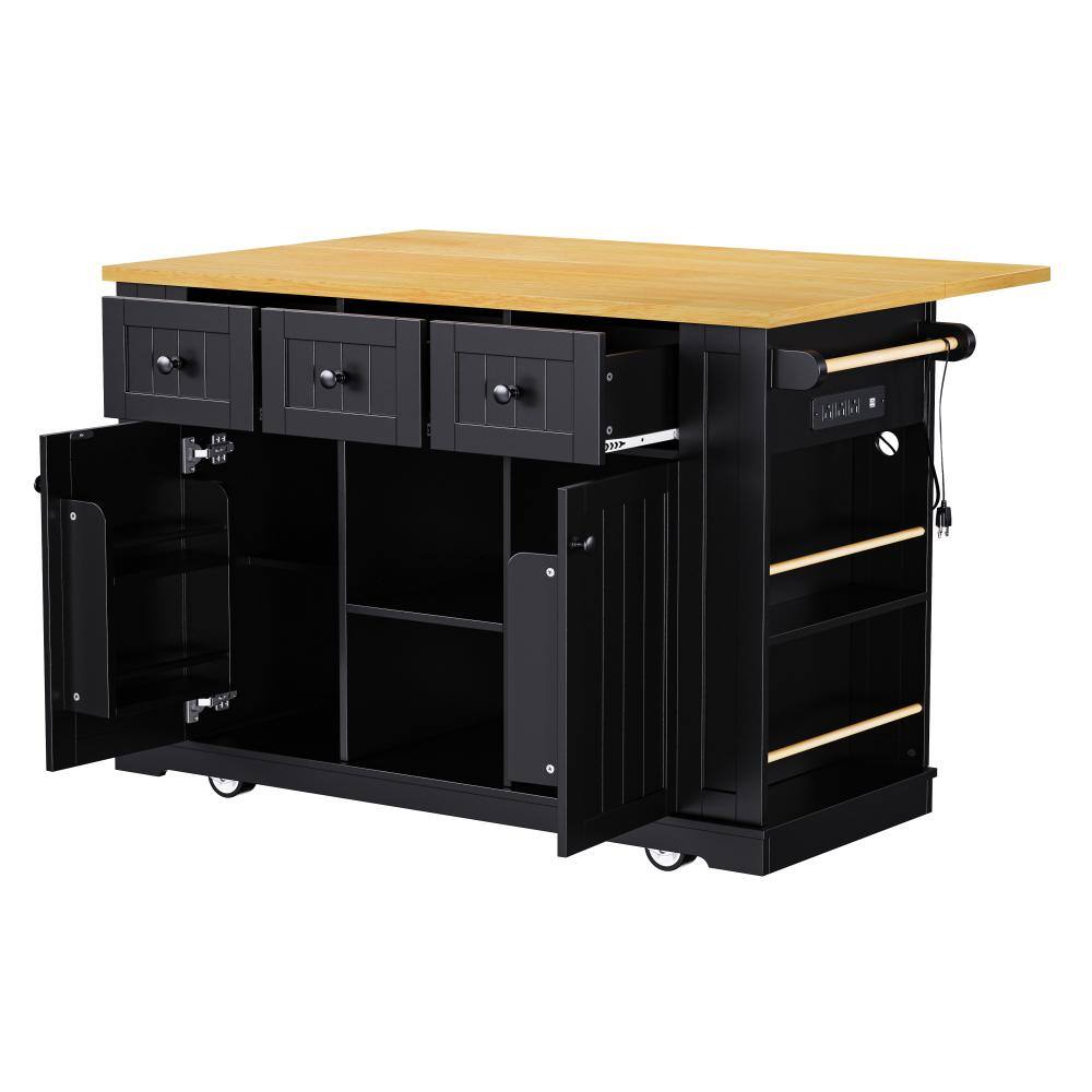 Black wood rolling kitchen island with light wood top, open drawers and cabinets.