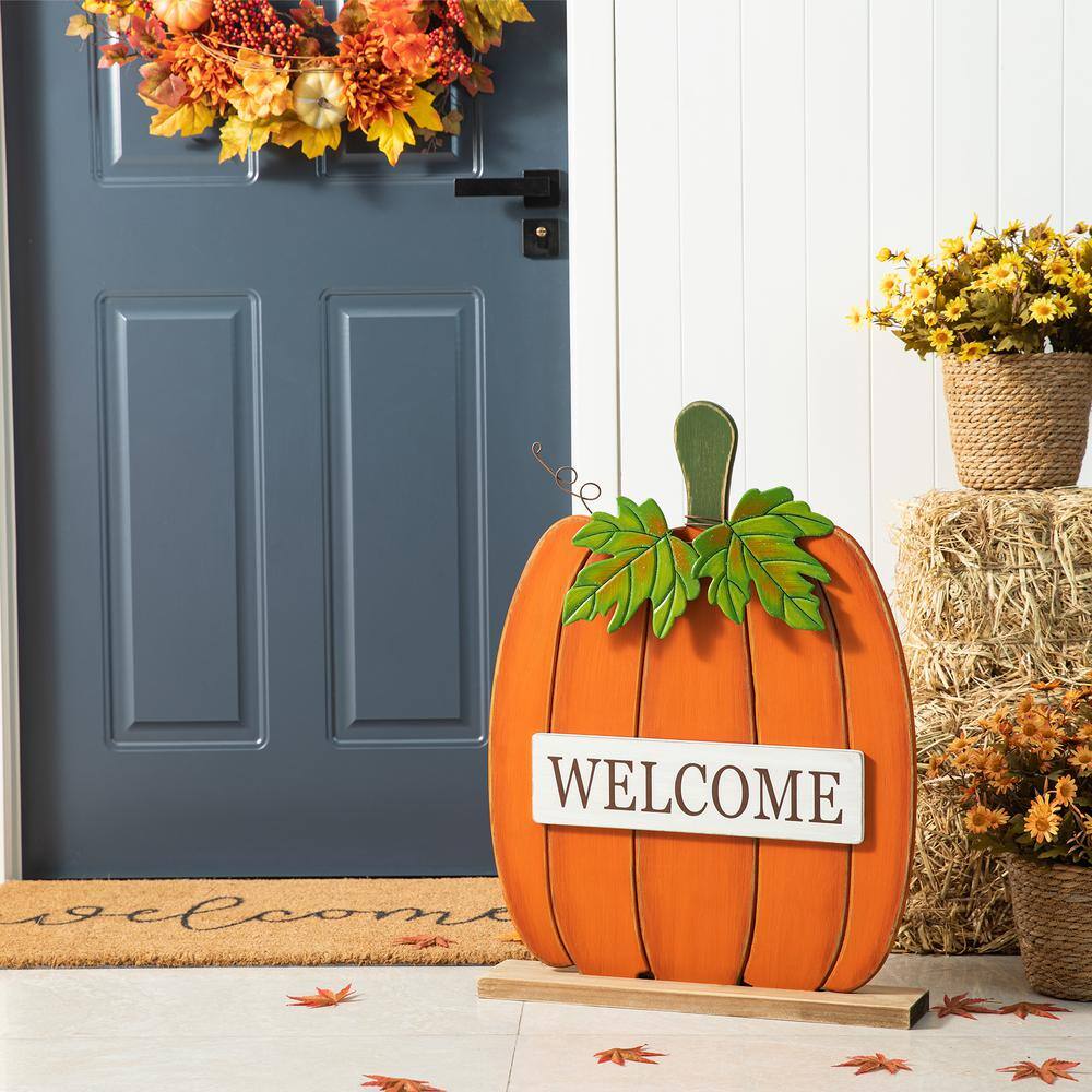 27" Orange and Green Wood Pumpkin Welcome Porch Sign