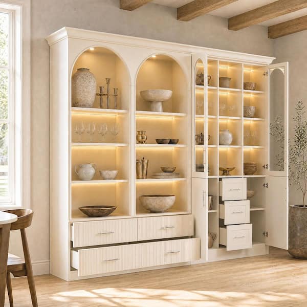 92.5 in. Tall Cream Wood 28-Shelf Accent Bookcase with LED Lighting, Arched Glass Doors, 10 Storage Drawers