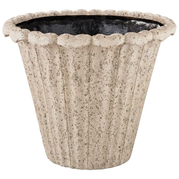 Lachlan Large Beige Lavastone Round Planter with Drainage Plug (16 in. L x 16 in. W x 13 in. H)